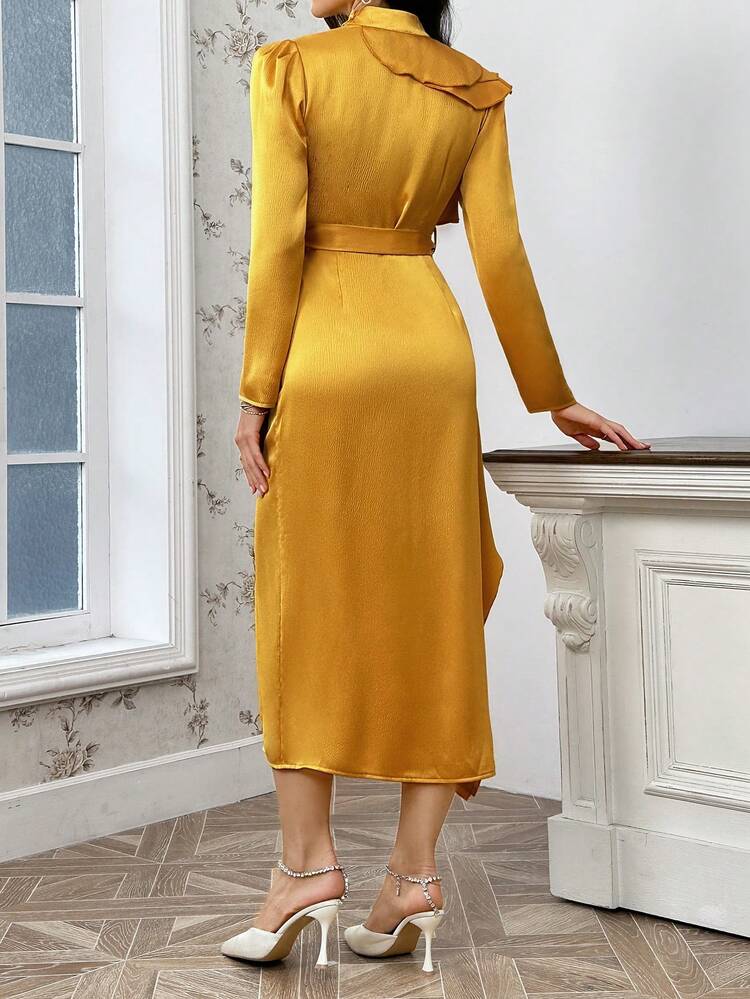 Ruffle Trim Split Thigh Belted Satin Dress