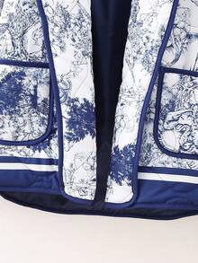 花卉印花撞色绑带前开式棉服外套，女士冬季休闲口袋常规袖披肩领宽松蓝白围巾印花女士棉服外套，冬季温暖/冬季时尚 - 藍白色 - 查看 3