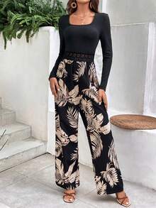 SHEIN VCAY 女性熱帶印花連身褲 - 黑色 - 查看 6