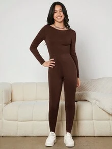 Teenage Girls' Knitted Plain Jumpsuit With U-Neck And Back - Brown - View 3