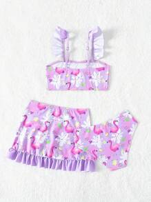 小女孩3入組隨機印花百褶比基尼套裝,附有的游泳帽,適用於游泳