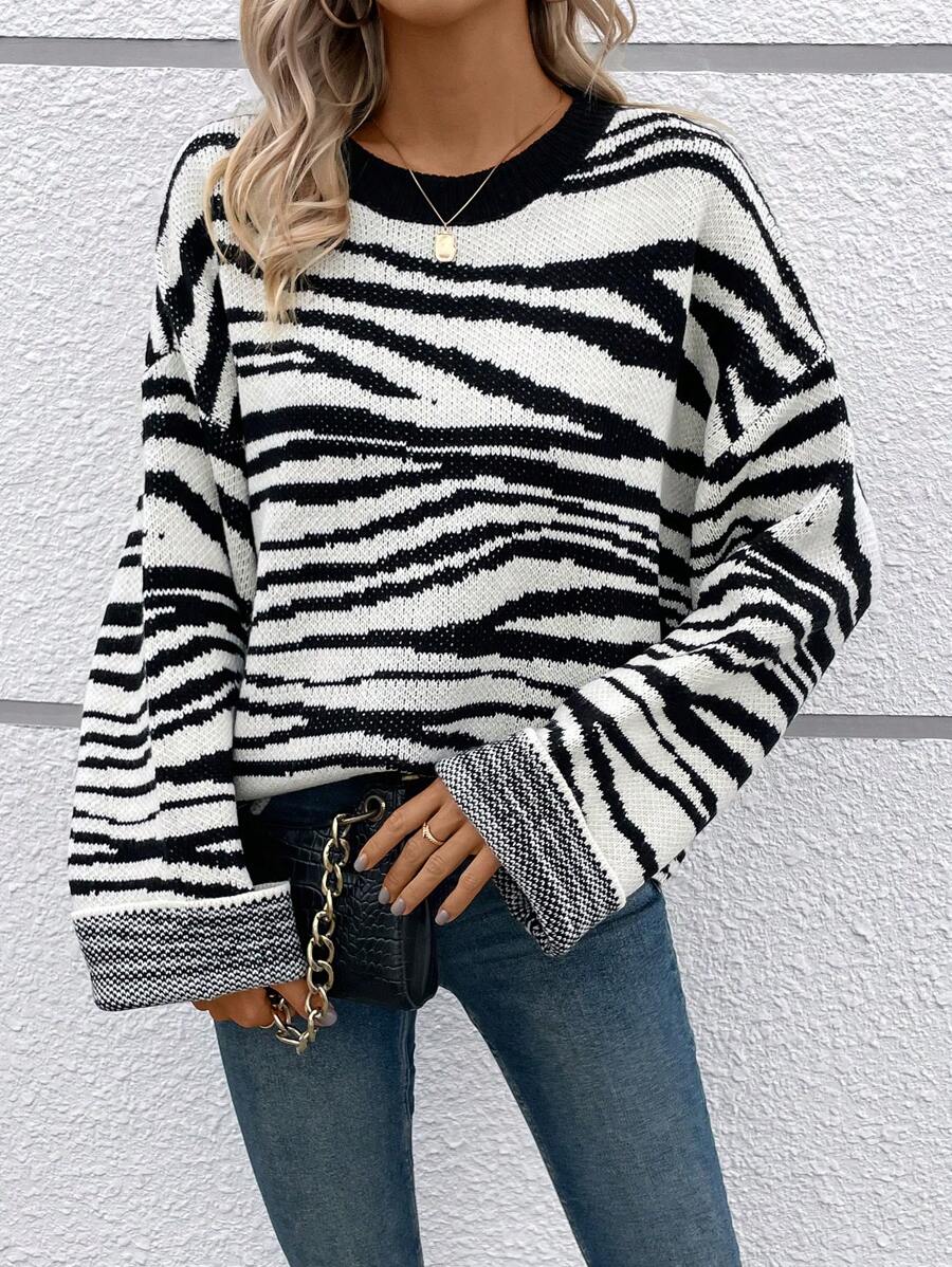 SHEIN LUNE Women's Zebra Stripe Sweater Knit Pullover Fall Winter Outfit - Multicolor - View 1