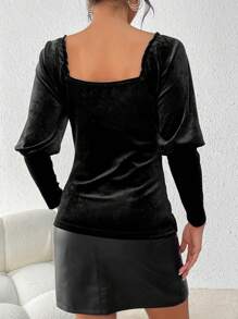 SHEIN Privé Women's Sweetheart Neck Leg-of-mutton Sleeve T-shirt - Black - View 2