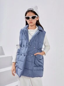 Tween Girl 1pc Lapel Neck Drawstring Waist Vest Coat,In Fall/Winter - Blue - View 4