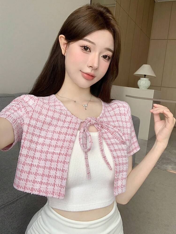 Plaid Print Tie Front Crop Tee