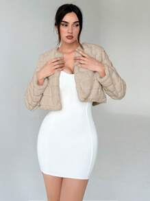 SHEIN Privé Date Night Open Front Crop Fuzzy Jacket - Apricot - View 4