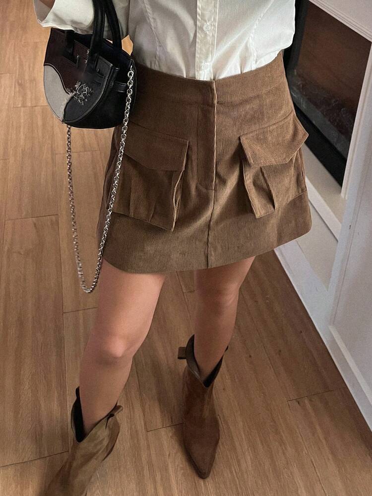 Women's Casual Solid Color Corduroy Utility Shorts, Autumn,Skorts