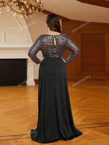 Plus Size Sequined Mesh Contrast Double-Layered Hem Evening Dress