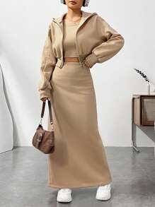 SHEIN EZwear Solid Crop Tank Top & Split Back Skirt & Hoodie - Khaki - View 4