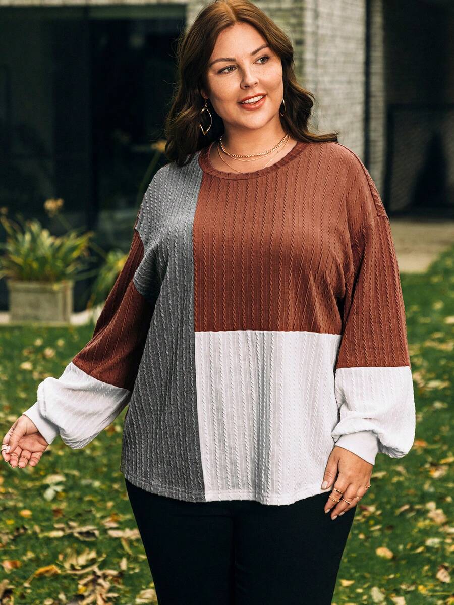 EMERY ROSE 加大碼拼色下垂肩圓領毛衣 - 彩色 - 查看 1