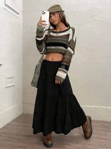 SHEIN EZwear 女性復古多層蛋糕超長半身裙 - 黑色 - 查看 6