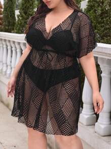 SHEIN Swim Curve Plus Size Hollow Out Knitted Cover Up Dress Summer - Black - View 1