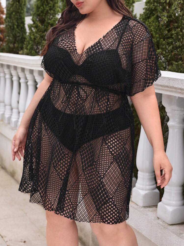 Plus Size Hollow Out Knitted Cover Up Dress Summer