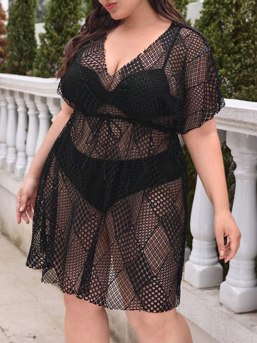 SHEIN Swim Curve Plus Size Hollow Out Knitted Cover Up Dress Summer - Black - View 1