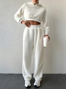 EURMUSE Solid Crop Teddy Hoodie & Pants - White - View 4