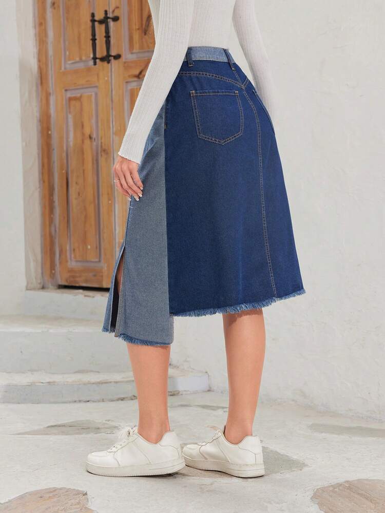 Button Front Raw Hem Denim Skirt
