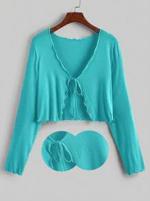 Flirla Kích thước lớn Của phụ nữ Cạnh rau diếp Mặt trước Buộc Áo thun - Màu xanh bạc hà - Xem 1