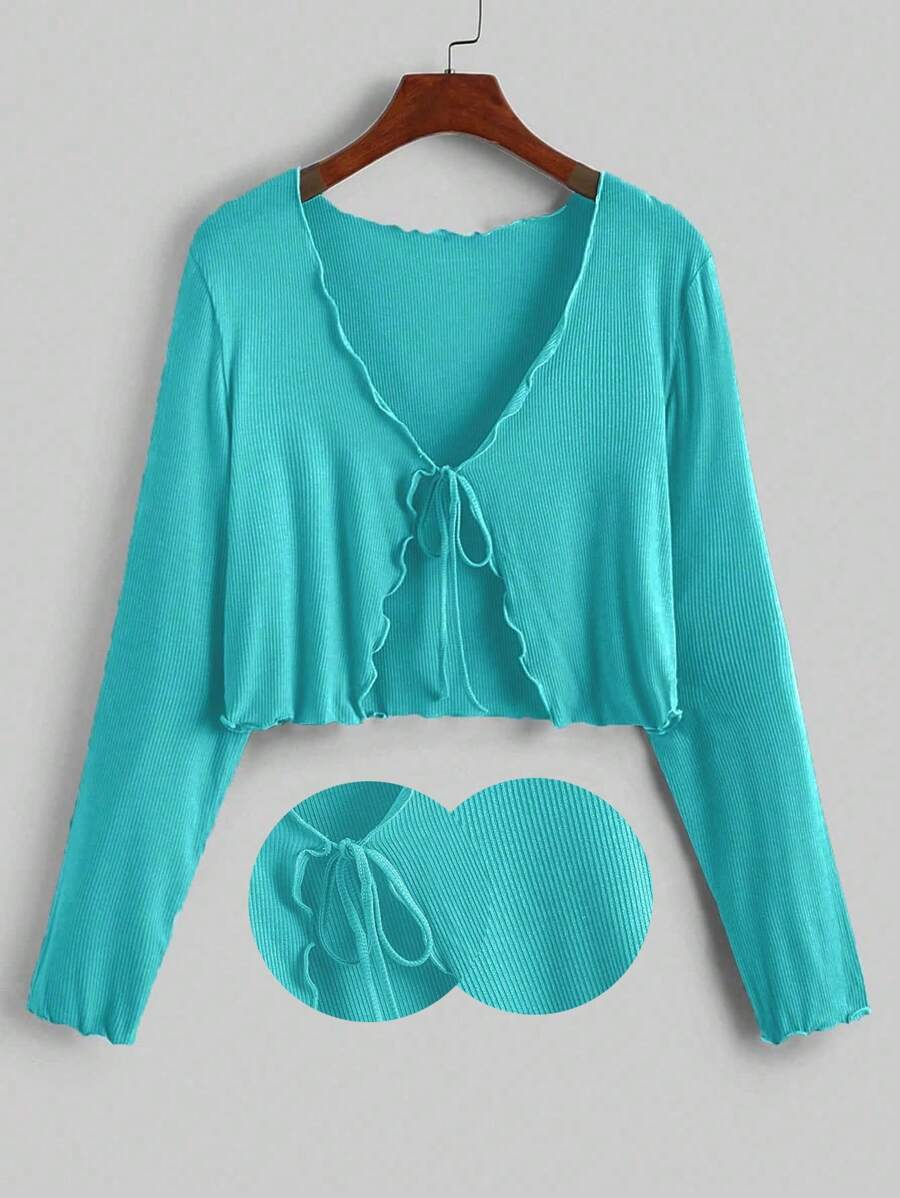 Flirla Kích thước lớn Của phụ nữ Cạnh rau diếp Mặt trước Buộc Áo thun - Màu xanh bạc hà - Xem 1