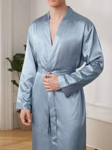Men's Solid Color Bathrobe With Waist Belt, Home Clothing - Blue - View 5