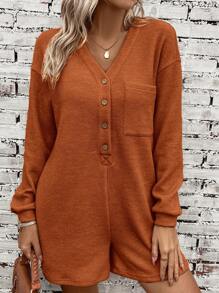 SHEIN LUNE 半排扣落肩袖連身短褲 - 鏽棕色 - 查看 2