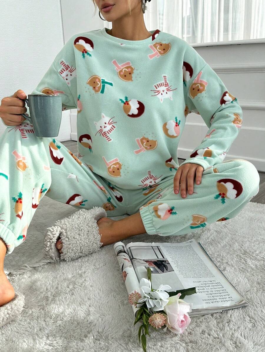 RueChic Ladies Cartoon Cat Print Pajama Set - Mint Green - View 1