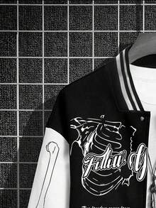 Men Skull & Slogan Graphic Striped Trim Drop Shoulder Jacket - Black and White - View 4