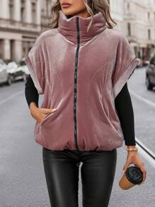 SHEIN LUNE 纯色拉链口袋短袖加厚棉服外套冬季 - 中紫紅色 - 查看 5