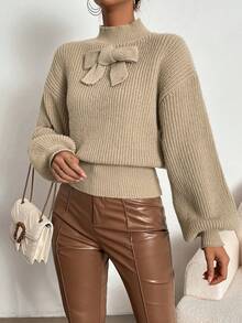 SHEIN Essnce Women'S Bowknot Decor Drop Shoulder Sweater - Apricot - View 5