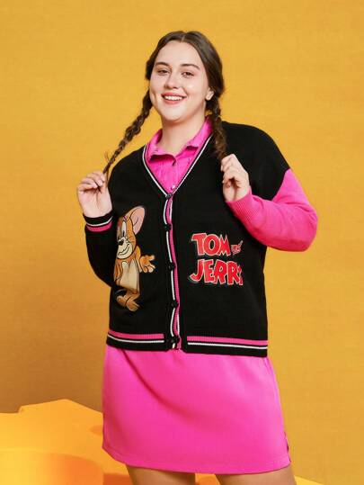 TOM & JERRY X SHEIN Plus Cartoon Pattern Color Blocking Drop Shoulder Knitted Cardigan