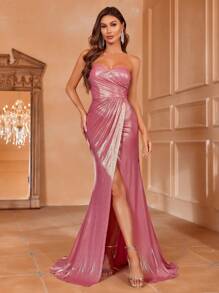 Shiny Pleated Detail High Slit Strapless Gown - Hot Pink - View 4