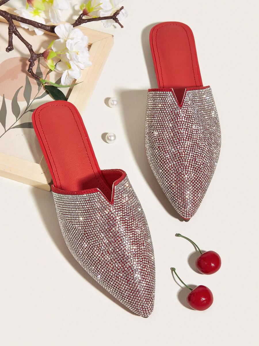 rojo de imitación Zapatos planos para mujeres con con diamante de imitación Decoración, piedra estilo con color al azar - Rojo - Ver 1