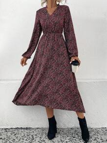 SHEIN Clasi Ditsy Floral Print Lantern Sleeve Dress - Black - View 6