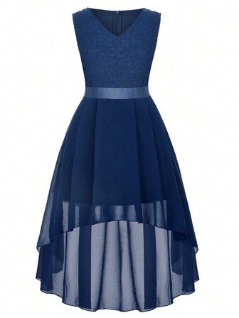 Tween Girls V-Neck Contrast Lace Sleeveless Dress