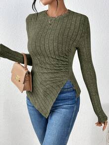 SHEIN Frenchy Solid Color Asymmetrical Hem T-Shirt - Army Green - View 4