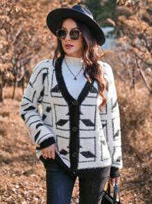 SHEIN Essnce 女式幾何圖案開襟長袖開襟衫 - 黑與白 - 查看 4