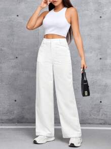 SHEIN PETITE Women's White Button & Front Slit Pocket Design Wide Leg Long Pants - White - View 4