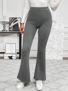 Chiquease Elastic Waist Flare Leg Knit Pants - Dark Grey - View 3