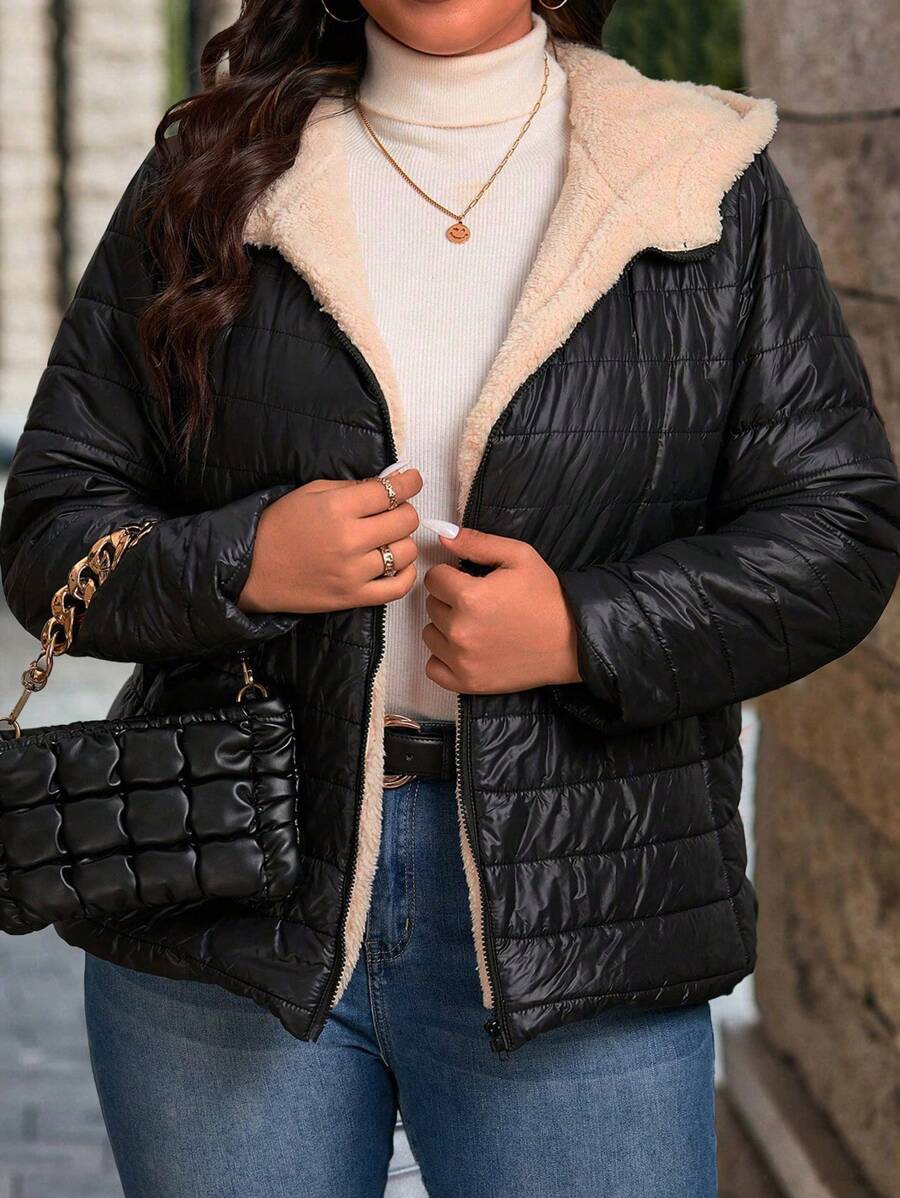 SHEIN LUNE Áo khoác có mũ trùm đầu cỡ lớn dành cho nữ mùa đông - màu đen - Xem 1