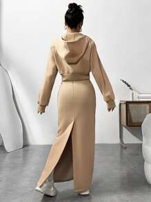 SHEIN EZwear Solid Crop Tank Top & Split Back Skirt & Hoodie - Khaki - View 2