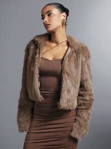 SHEIN BAE Solid Open Front Crop Fuzzy Coat - Brown - View 5