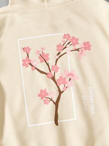 SHEIN Tween Girl 花卉與日文字母圖案連帽衫