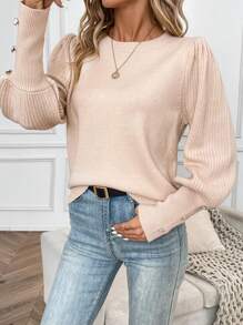 Chiquease Solid Button Detail Bishop Sleeve Knit Pullover Fall Winter Sweater - Apricot - View 5