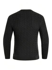 Manfinity Homme Men Black Cable Knit Sweater,Autumn Basic Casual Ribbed Long Sleeve Pullover,Solid Color Date Knitwear For Men - Black - View 2