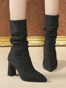 Của phụ nữ Pha lê Trang trí Nếp nhăn Đúng mốt Giữa bắp chân Giày ống Đối với Tất cả Dịp - màu đen - Xem 1