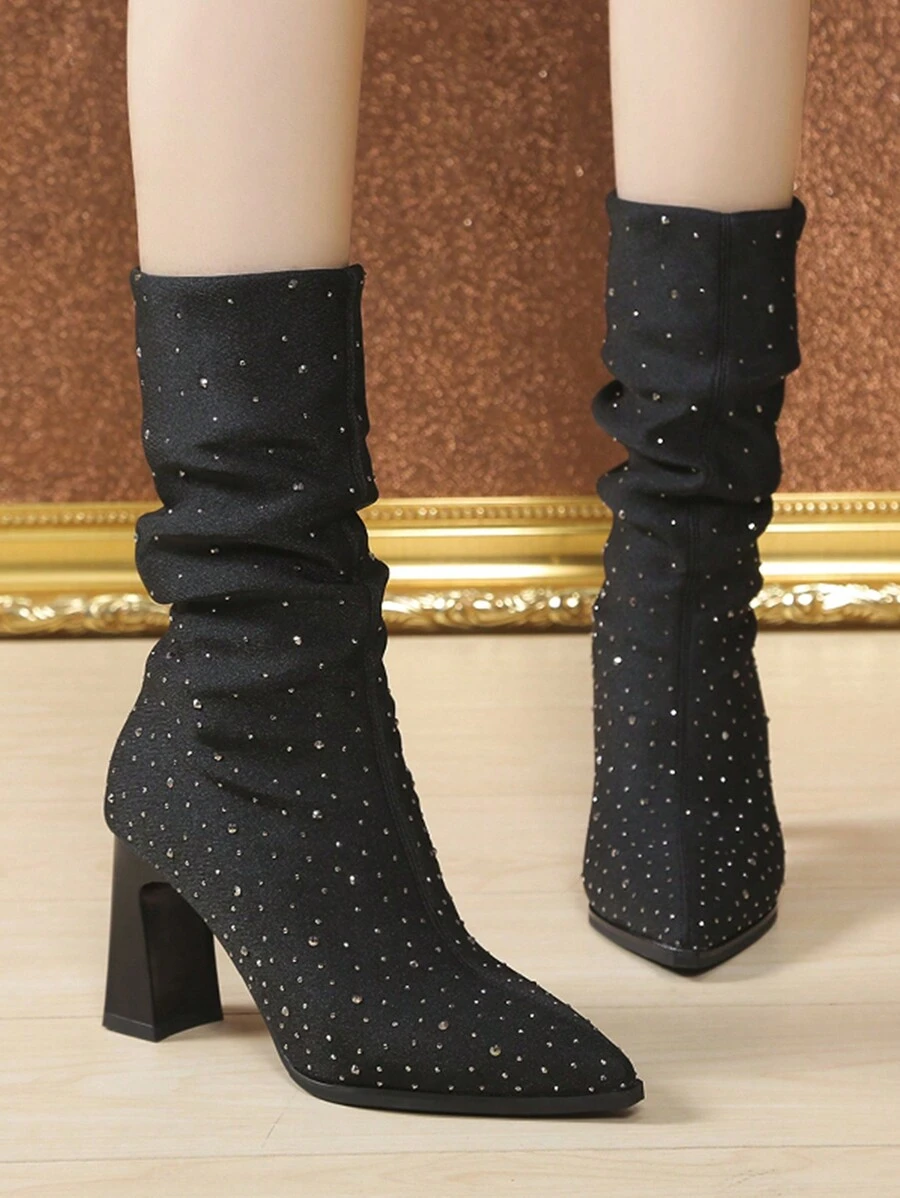 Của phụ nữ Pha lê Trang trí Nếp nhăn Đúng mốt Giữa bắp chân Giày ống Đối với Tất cả Dịp - màu đen - Xem 1