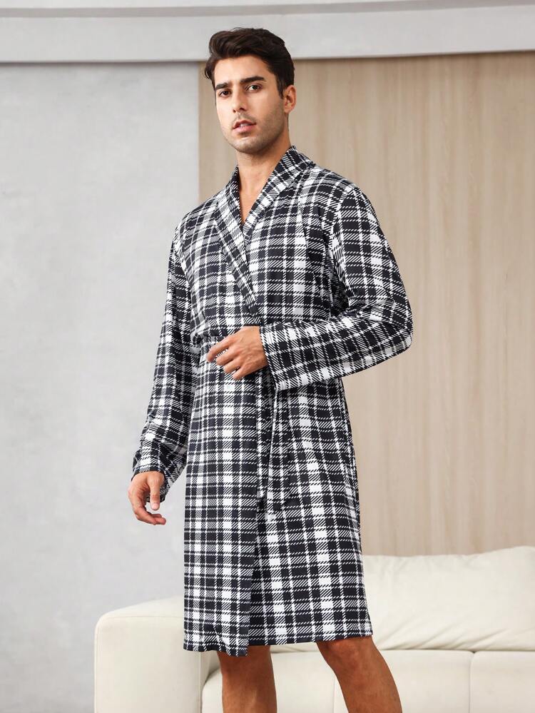 Men's Black And White Plaid Knitted Kimono Robe With Shawl Collar And Belted Pockets Long Sleep Robe Basic Loungewear