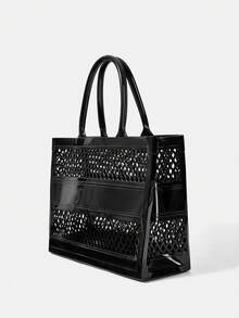 SHEIN VCAY 鏤空設計雙把手托特包 - 黑色 - 查看 4