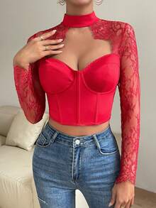 SHEIN Allurite Women's Patchwork Lace Top - Red - View 5