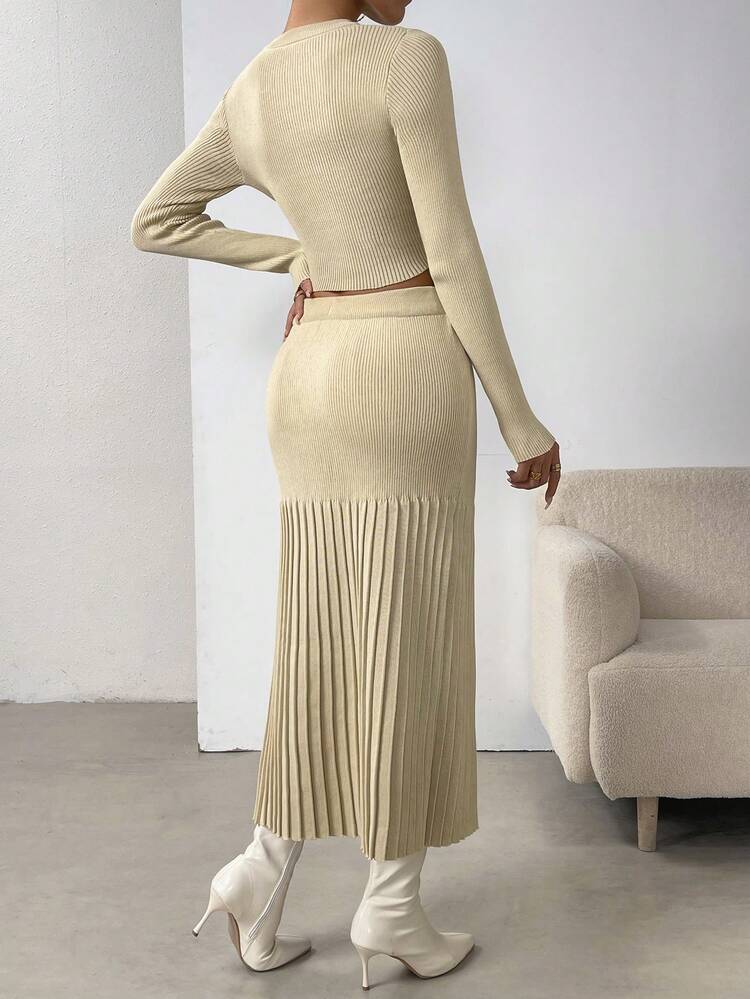 Solid Ribbed Knit Sweater & Knit Skirt Fall Cloth For Women