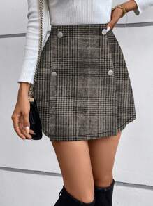 SHEIN Privé Falda Mini De Cuadros Con Decoración De Botones - Negro - Ver 1